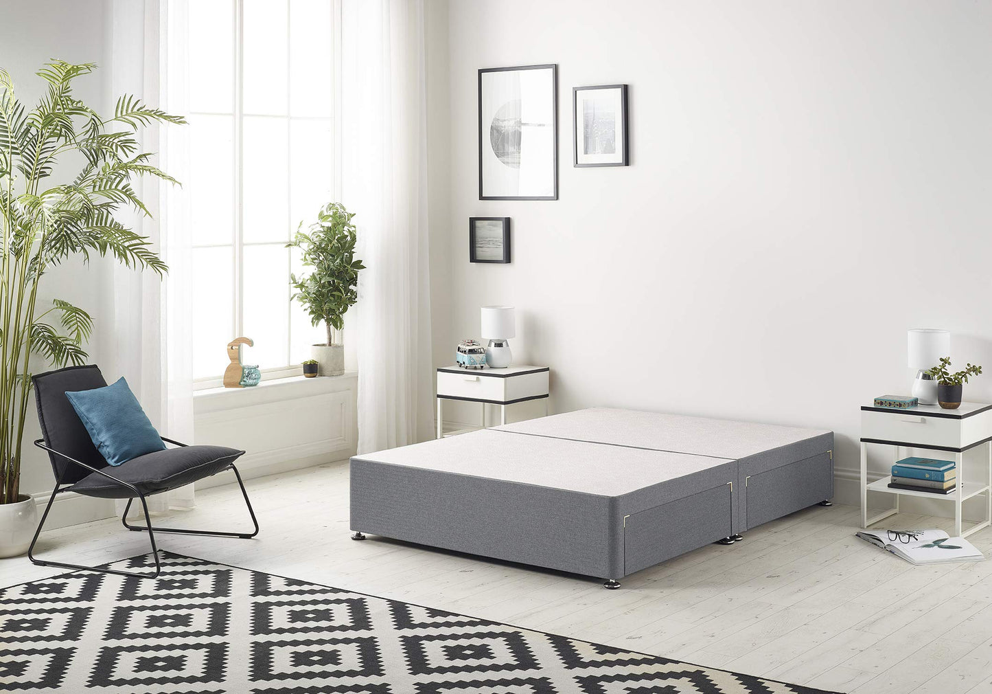 Bed Centre 3FT Single Divan Bed Base Platinum Charcoal Plush Divan Bed Base With Same Headboard And Storage Drawer-3FT Single,
