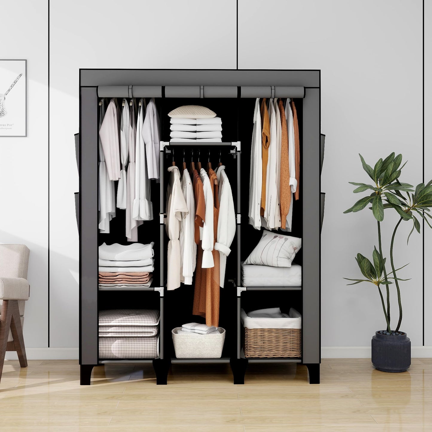 OPPAIYA Canvas Wardrobe, Portable Wardrobe With 3 Hanging Rails, 6 Shelves and 8 Side Bags, 165 * 45 * 125cm Temporary Storage Closet