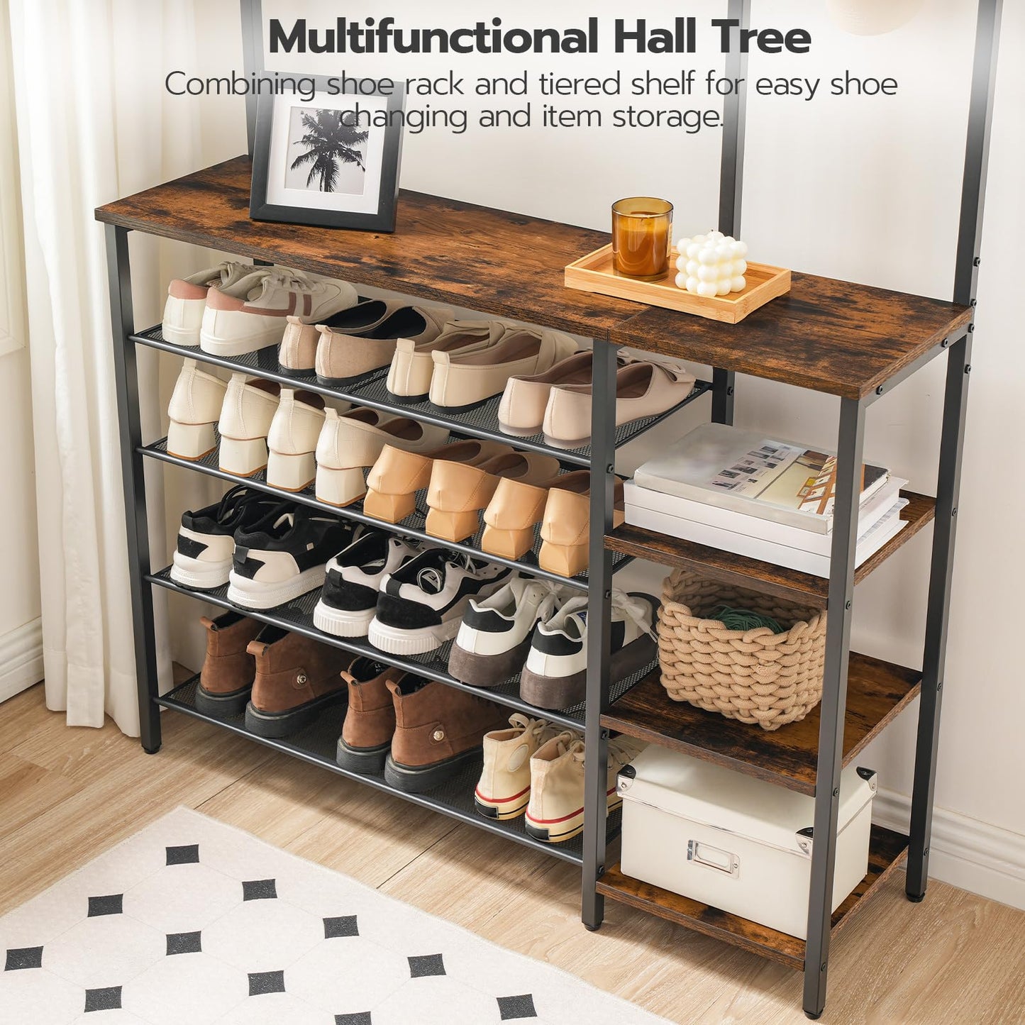 HOOBRO Coat Stand, Coat Rack with Shoe Storage, Hallway Coat and Shoe Rack, Hall Tree with 4 Side Storage Shelves and 9 Coat Hooks, for Entryway