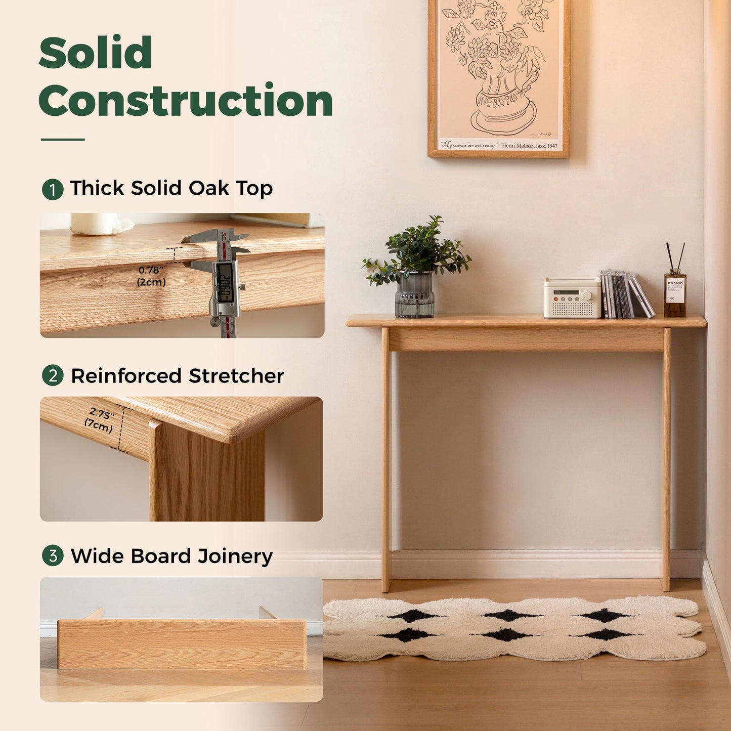 Slim Solid Oak Console Table for Entryway, Narrow Hallway Table,100x20x75cm