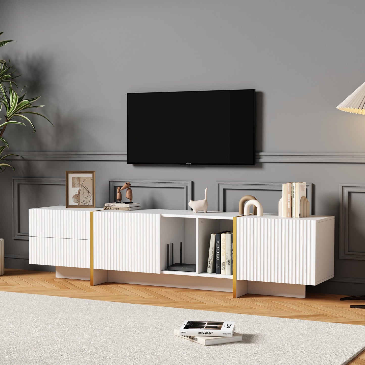 Ball & Cast TV Cabinet, High-gloss TV Unit, TV Stand Cabinet with 4 LED lighting Modes & 16 Colors, Wall Mounted/Floor Mounted, 180 * 35 * 30 cm