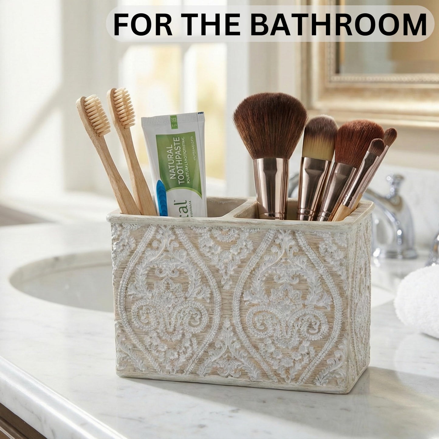 Makeup Brush and Toothbrush Holder Double, Cream, 14x10 cm