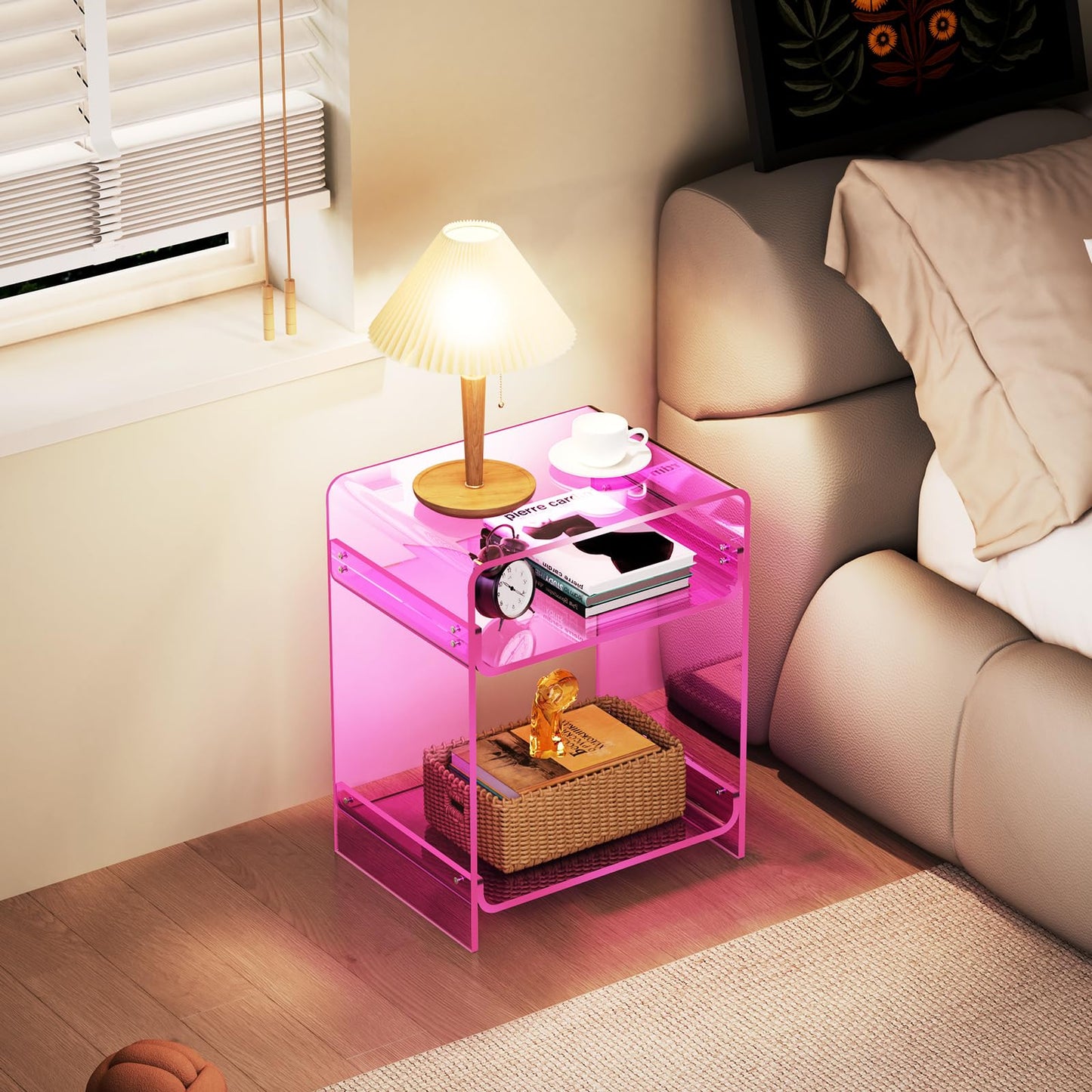 Acrylic End Table with Storage Shelf, Clear Side Table, Record Player Table, Nightstand, 15.7x19.7x11.8 (Pink, 40×30×50 cm)