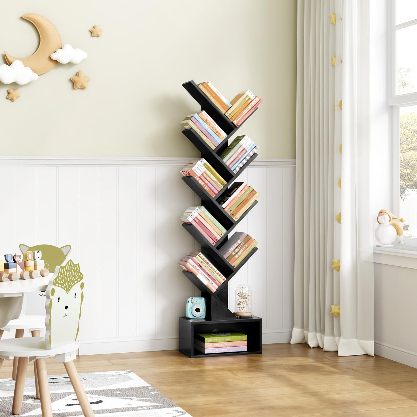 Hoctieon 9 Tier Tree Bookshelf, Tall Bookcase with Drawer, Wood Book Shelf, Modern Floor Standing Bookshelves, Book Organizer Shelves for Bedroom