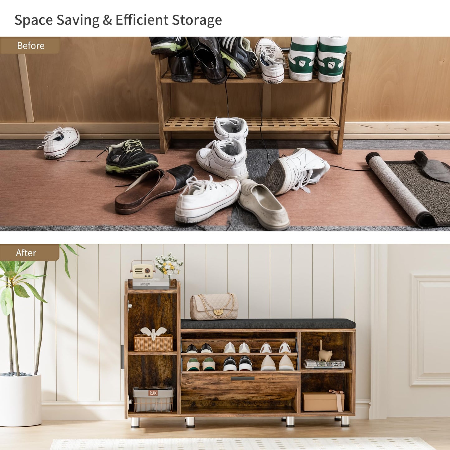 BonVache Shoe Storage Bench with Cushion, Brown Shoe Bench 105cm Lounge with 2 Shelves and 4 Compartments, Hallway Storage Unit with Seat, Living Room