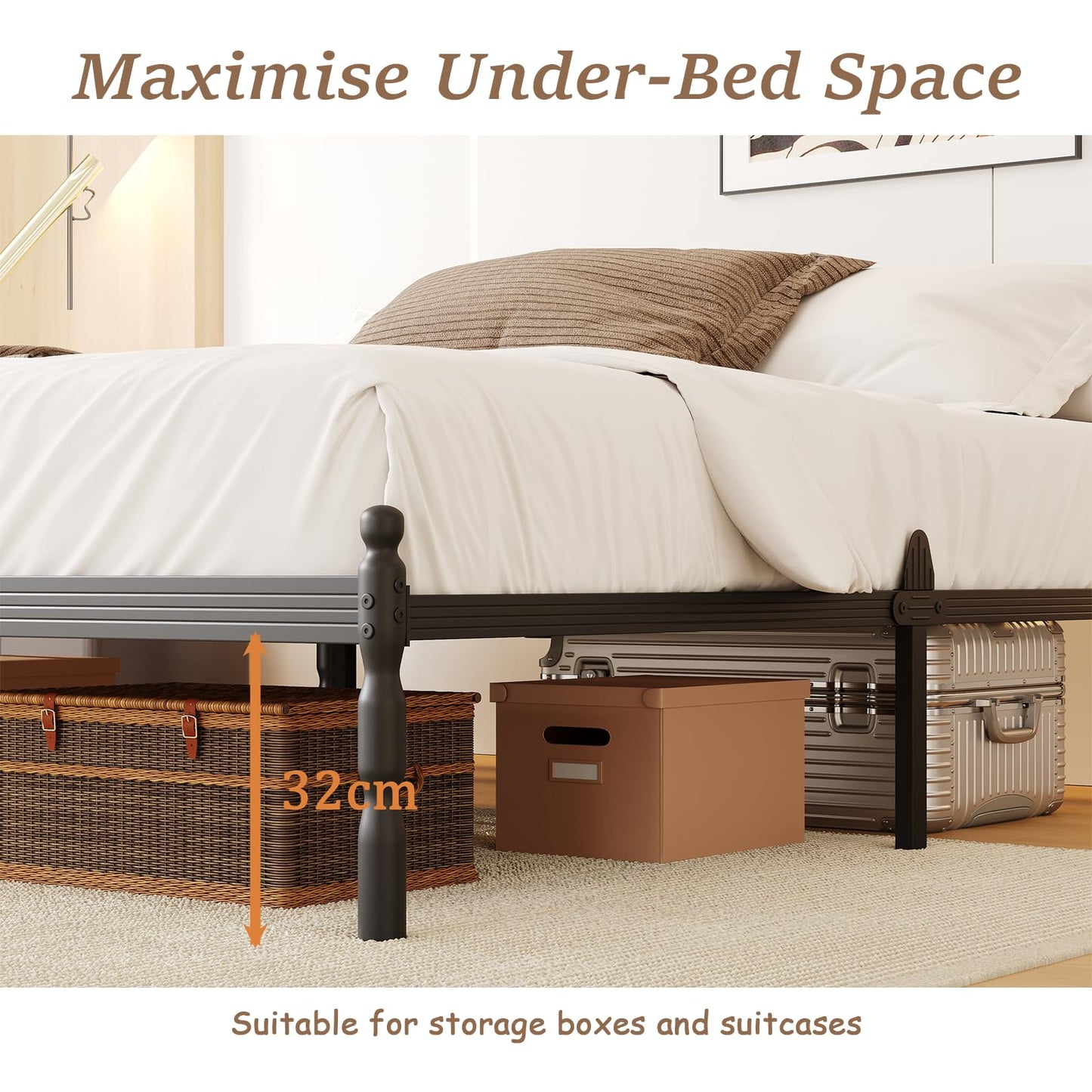 APEXTELLA HOME Double Bed Frames 4ft6 with Mattress Slide Stopper, Vintage Style, 450kg Heavy Duty Steel Slats