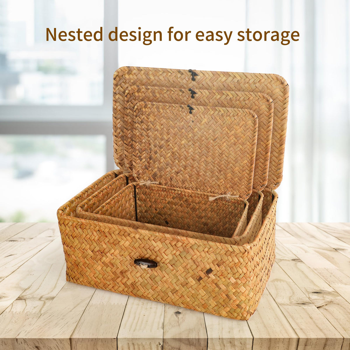 YKUKIZEE 3 PCS Rattan Woven Storage Basket with Lids Wicker Storage Basket
