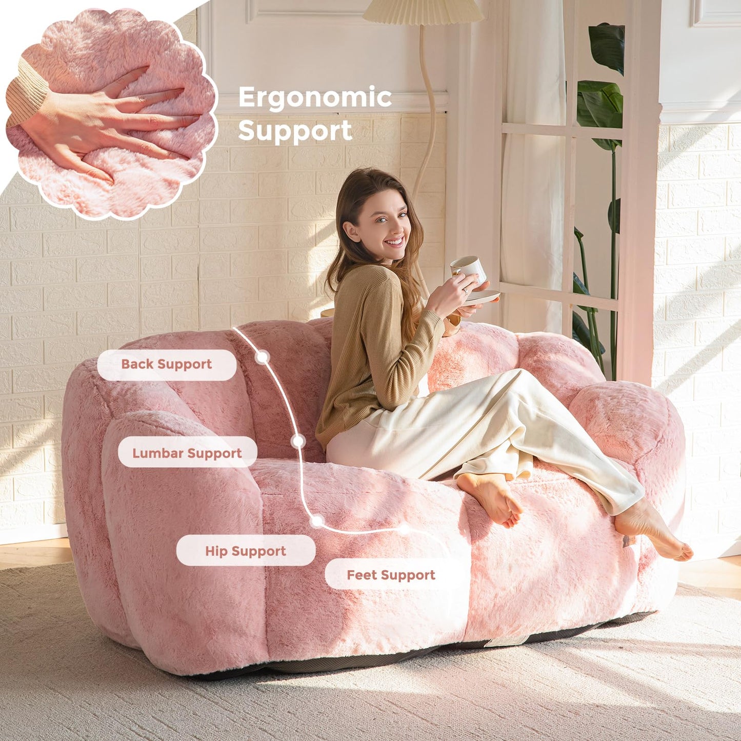 MAXYOYO Floral Shaped Bean Bag Includes Filling, Loveseat Sofa, Faux Fur