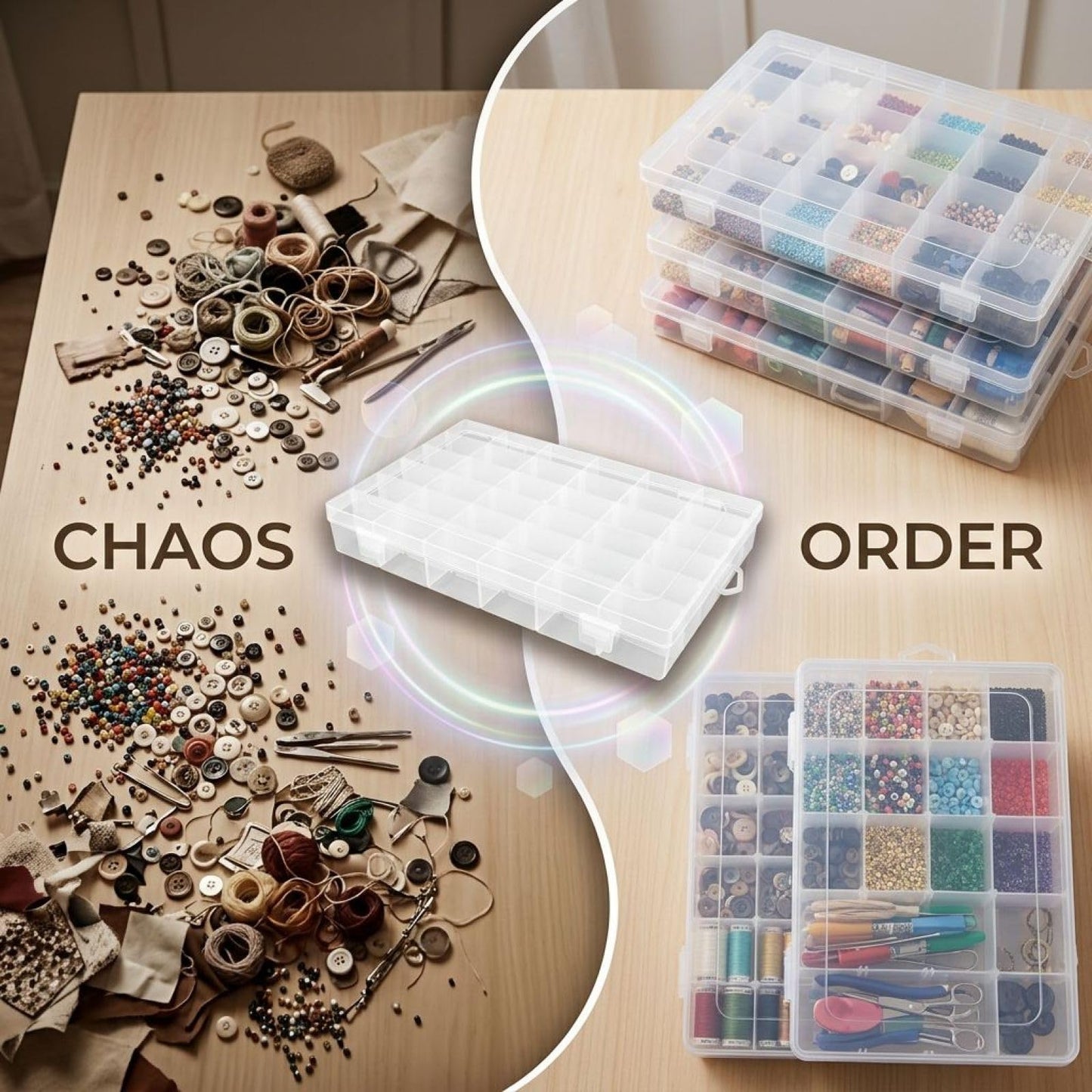 2 Pcs 36 Grid Plastic Craft Storage Box with Removable Adjustable Dividers, Transparent Organizer Container with Secure Buckle Lids