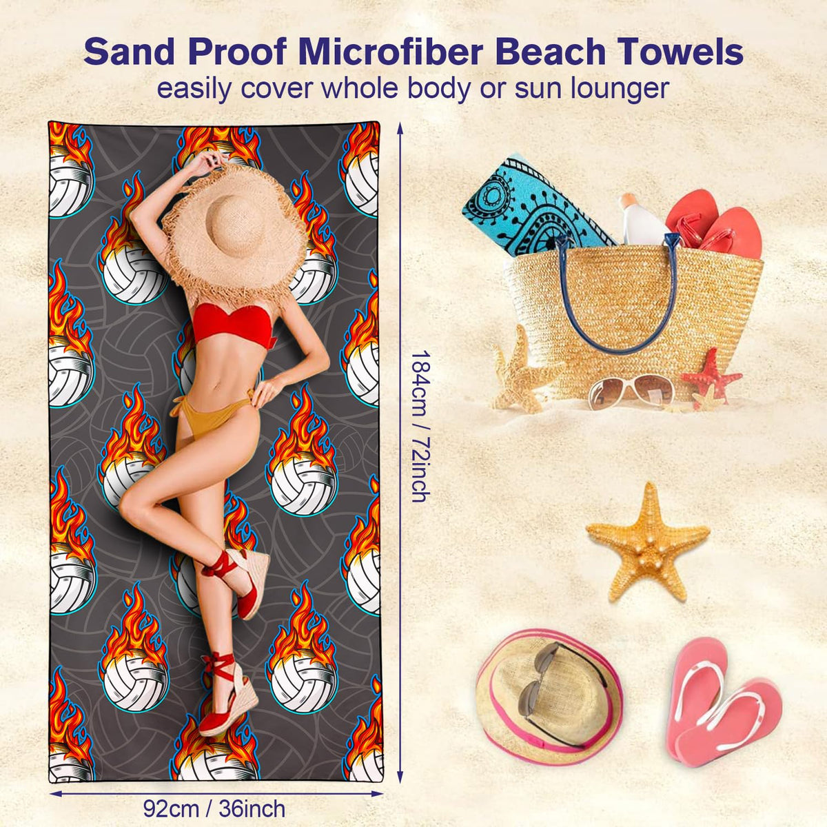 Violetpos Flaming Volleyball Beach Towel, Extra Large 180x90 cm 250GSM Microfibre, Sand Free Quick Dry