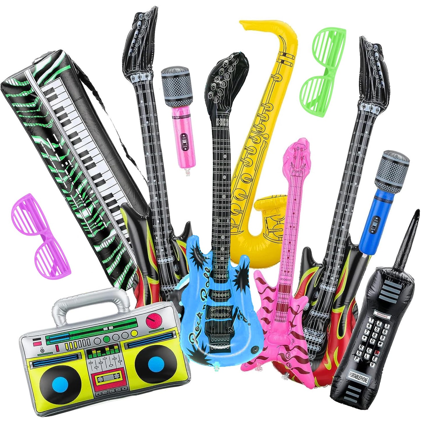 Inflatable Instruments Party Props Set, Inflatable Microphones Rock Star Guitars Balloons Kit with Inflatable Saxophone Piano for 80s 90s Themed Disco