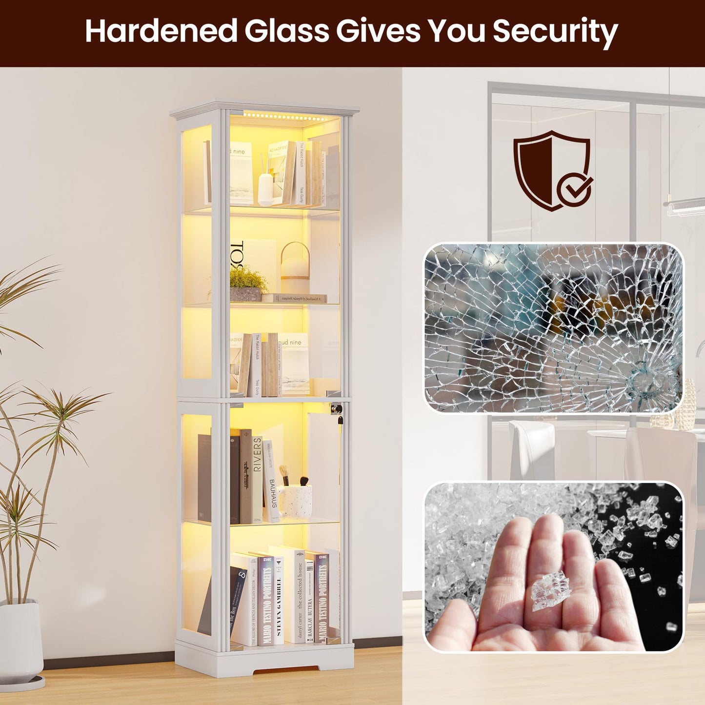 Gurexl 180cm Glass Display Cabinets with Lockable for Collectibles,White