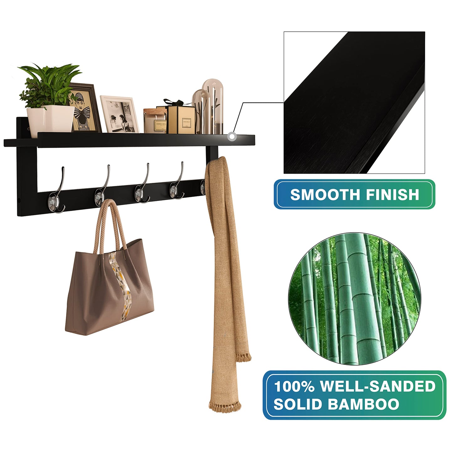 SMIBUY Coat Hooks with Shelf Wall-Mounted, 74 cm Entryway Coat Rack for Wall, Bamboo Hanging Shelf with 5 Double Metal Hooks for Bathroom, Bedroom