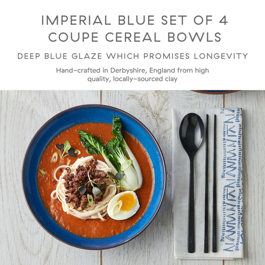 Denby - Imperial Blue Cereal Bowls Set of 4 - Dishwasher Microwave Safe Crockery 820ml 17cm - Royal Blue Ceramic Stoneware Tableware - Chip & Crack