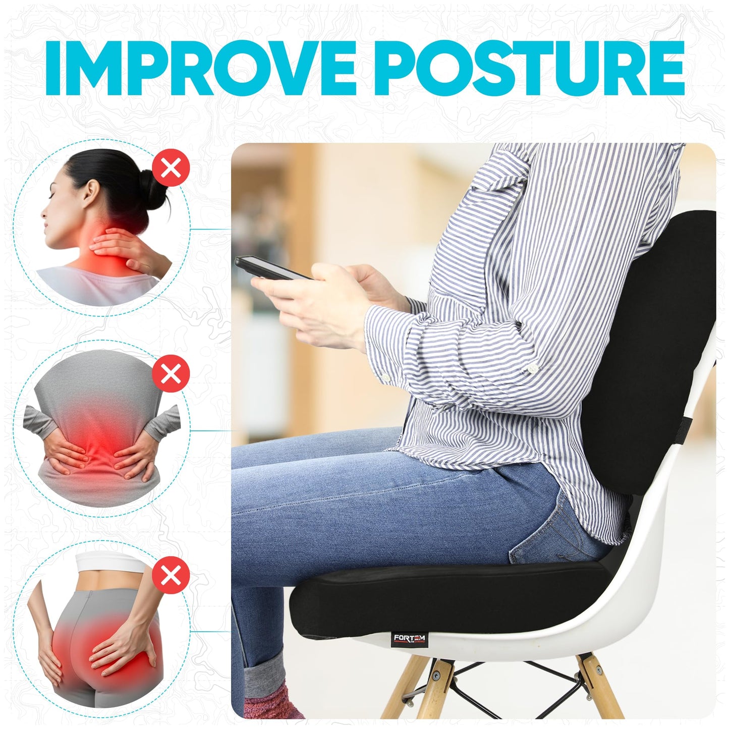 FORTEM Seat Cushion & Lumbar Support for Office Chair, Car Seat Combo