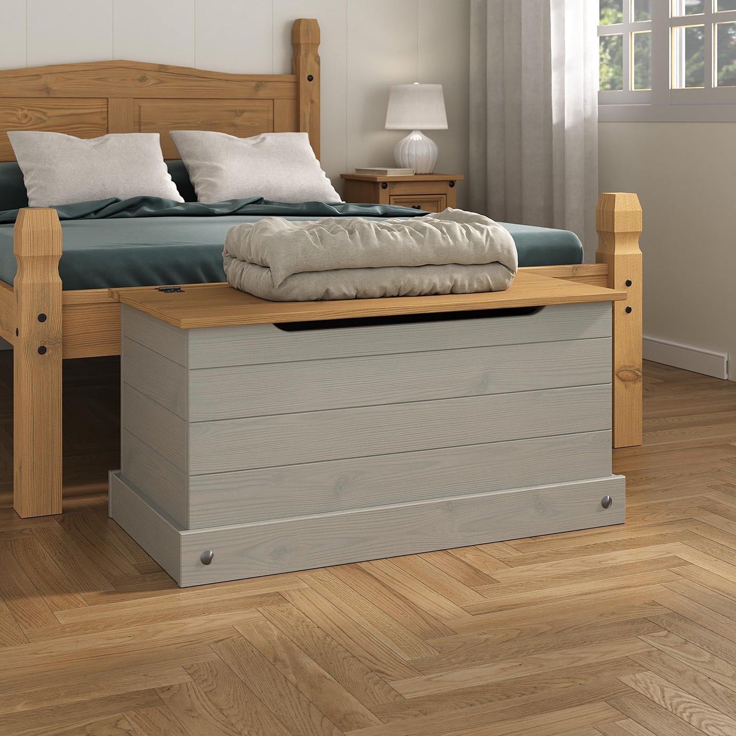 Mews Corona Grey Storage Chest Ottoman Solid Wood Mexican Toy Chest Bedding Blanket Box