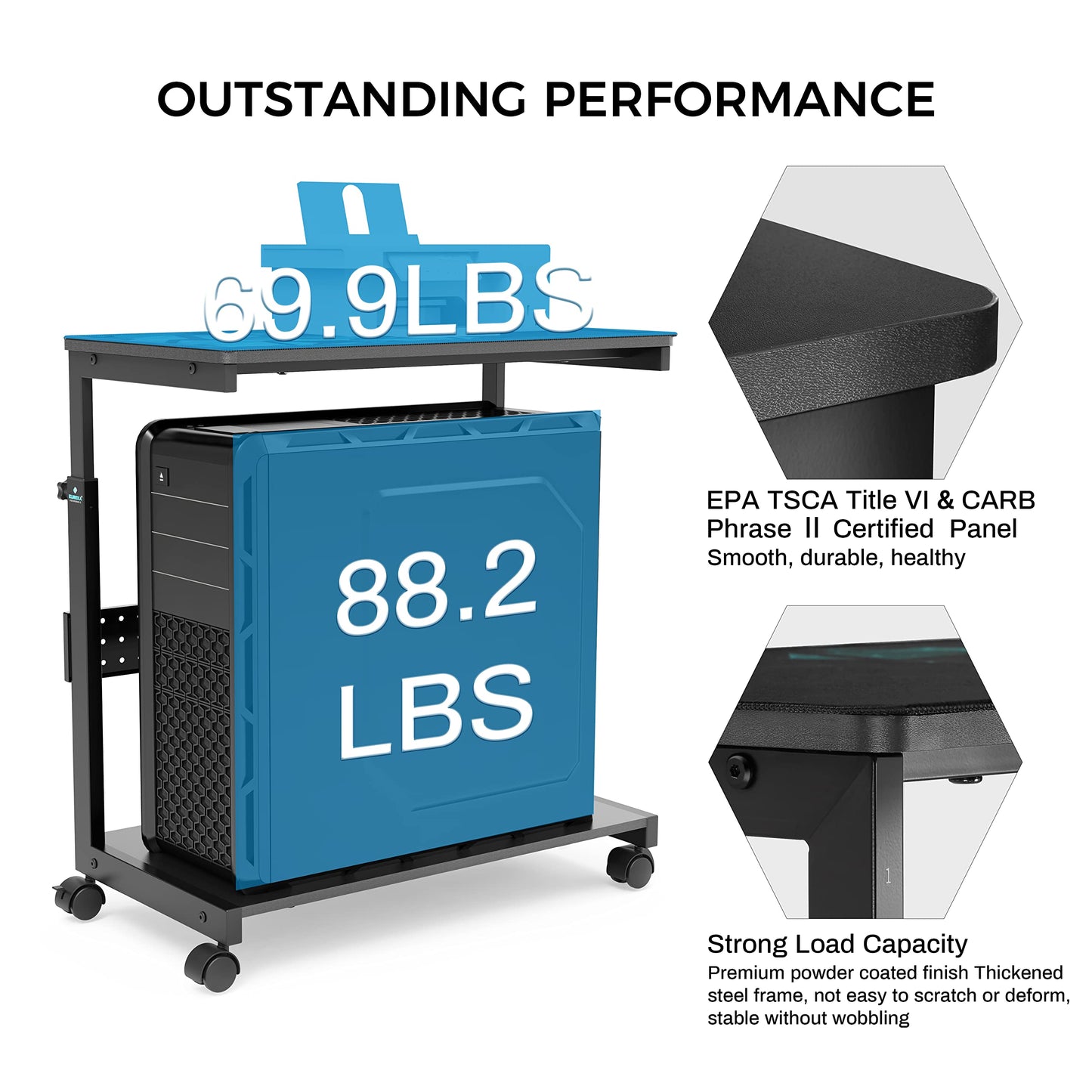 EUREKA ERGONOMIC PC Stand, Adjustable Computer Tower Stand & CPU Holder Cart on Lockable Wheels, PC Trolley for Gaming Desk Accessories, Printer