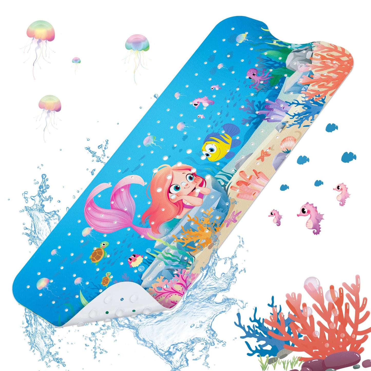 SHUCHING Mermaid Bath Mat Non Slip Kids, 100 X 40 cm Extra Long Baby Bathtub Mat Anti Slip, Girls Shower Mat Non Slip Anti Mould for Bathroom Machine