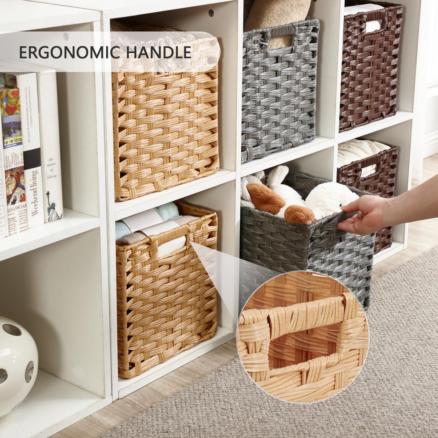 Mangata 31 cm Storage Cube Boxes for 33 cm Closet, Kallax, Rattan Effect Storage Baskets, Wicker Woven Polyrattan Material Wardrobe Organizer