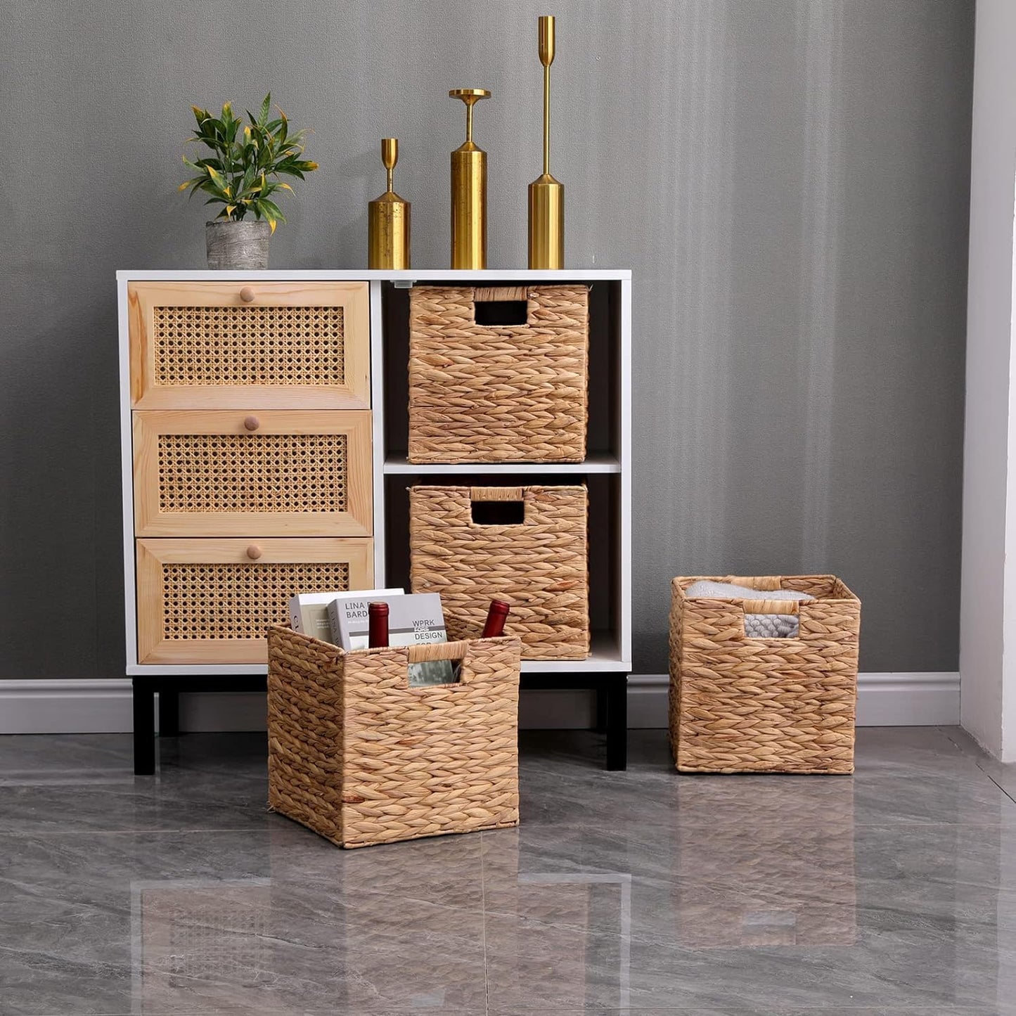 6 Pcs Water Hyacinth Storage Baskets, Square Woven Baskets under Shelf Cabinet(30 x 30cm)