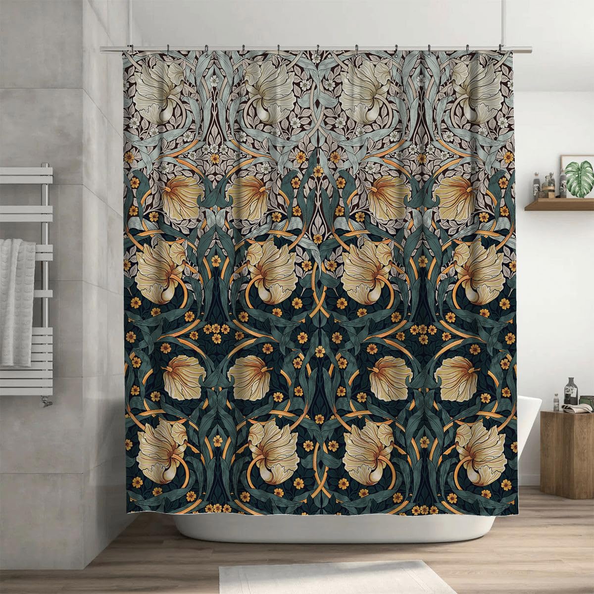 WWOOPLL William Morris Shower Curtain Set with 12 Hooks, Bath Curtains Waterproof Polyester Fabric, Teal Yellow Pimpernel Floral Home Bathroom