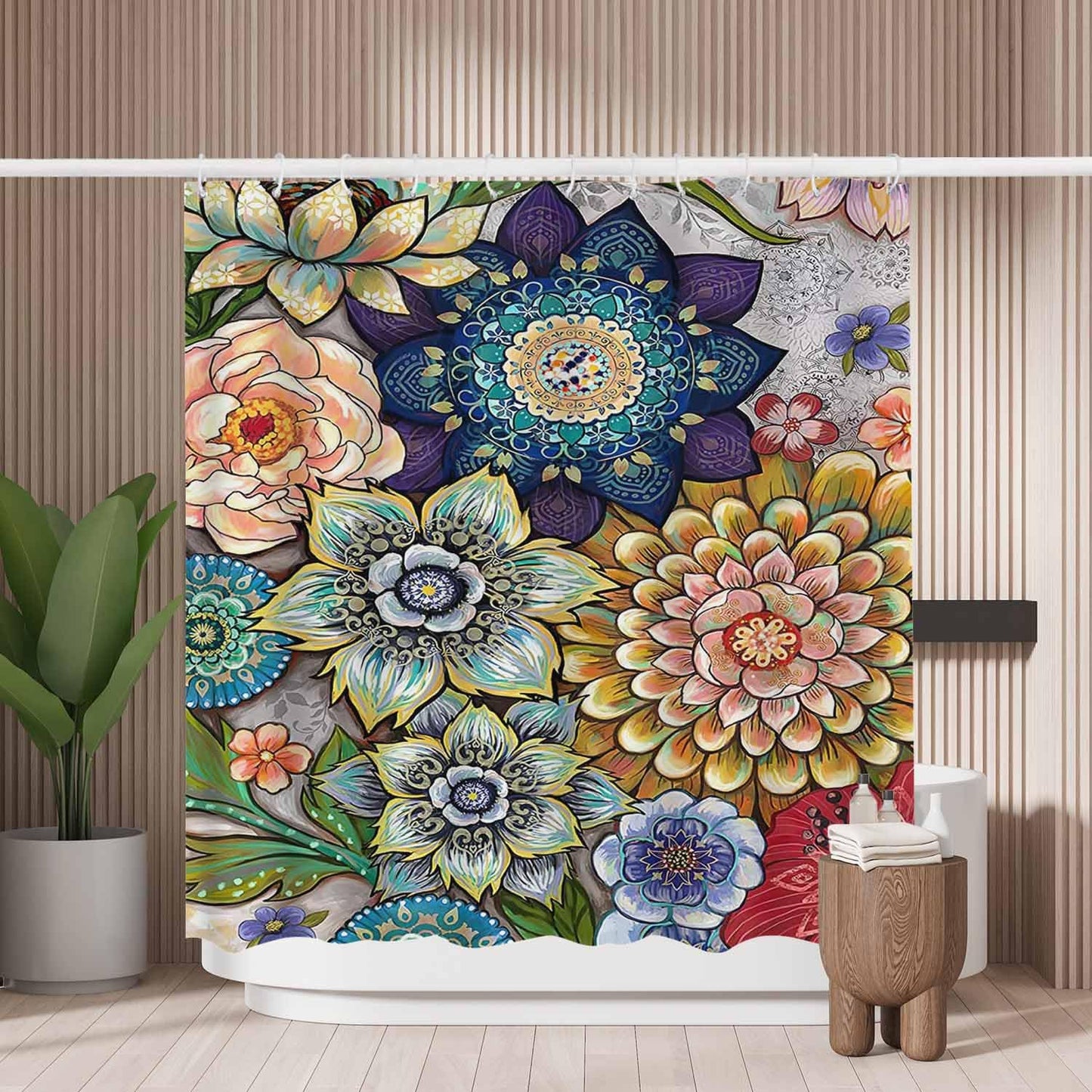 Woutay Shower Curtain Mould Proof Resistant Colorful Flowers,Water Repellant Fabric,Polyester,with 12 Plastic Hooks