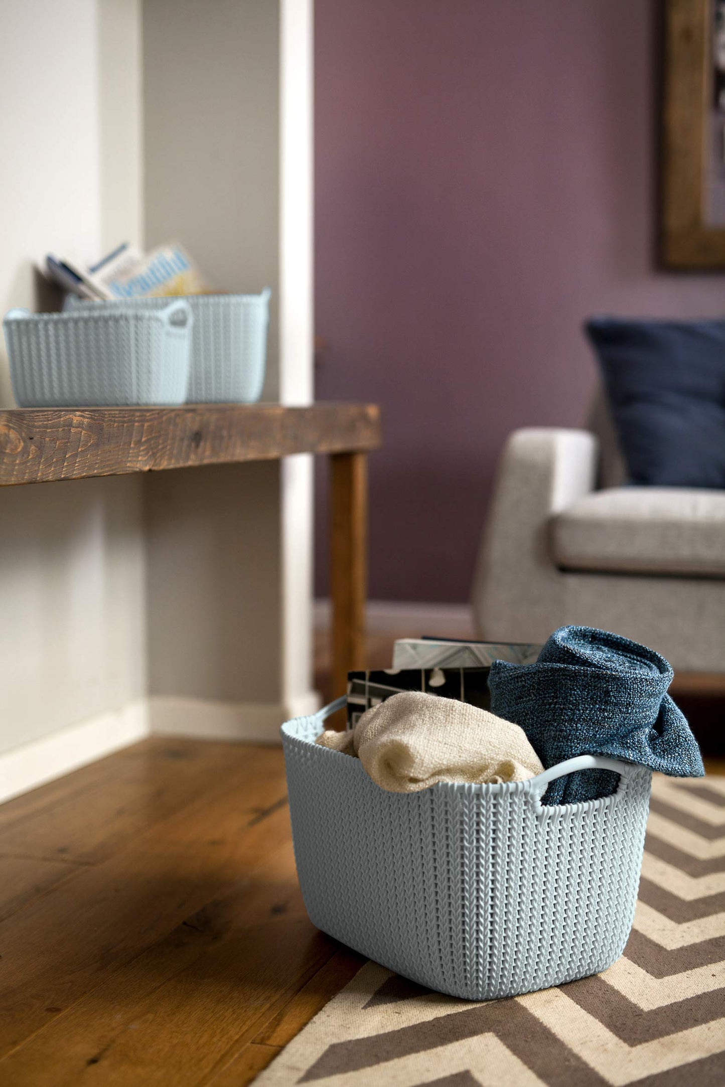 Curver Knit Effect Kitchen, Living room, Bathroom, Bedroom, Utility Large Rectangular Storage Basket 19 Litres - Misty Blue