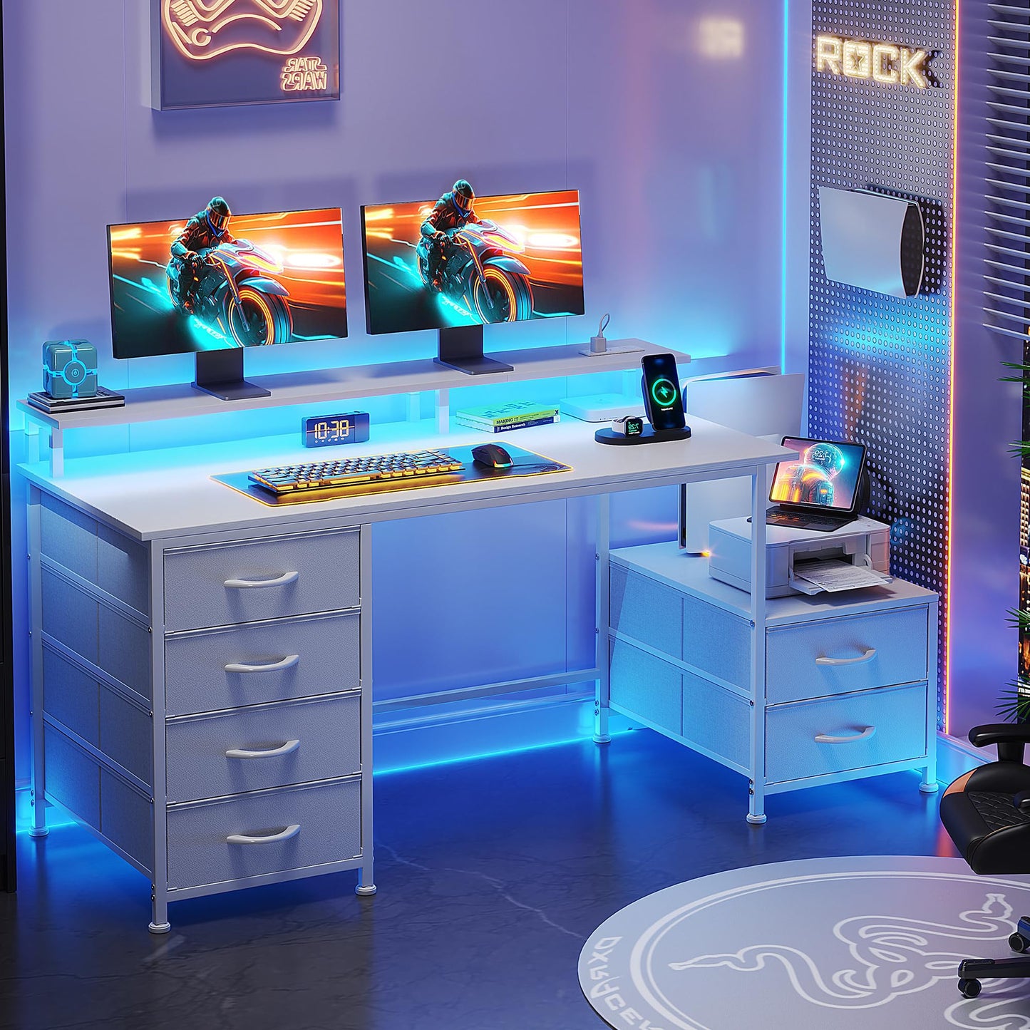 Flrrtenv 128cm Desk with Fabric File Cabinet, Computer Desk with Shelves and Drawers, Writing Table with Monitor Stand
