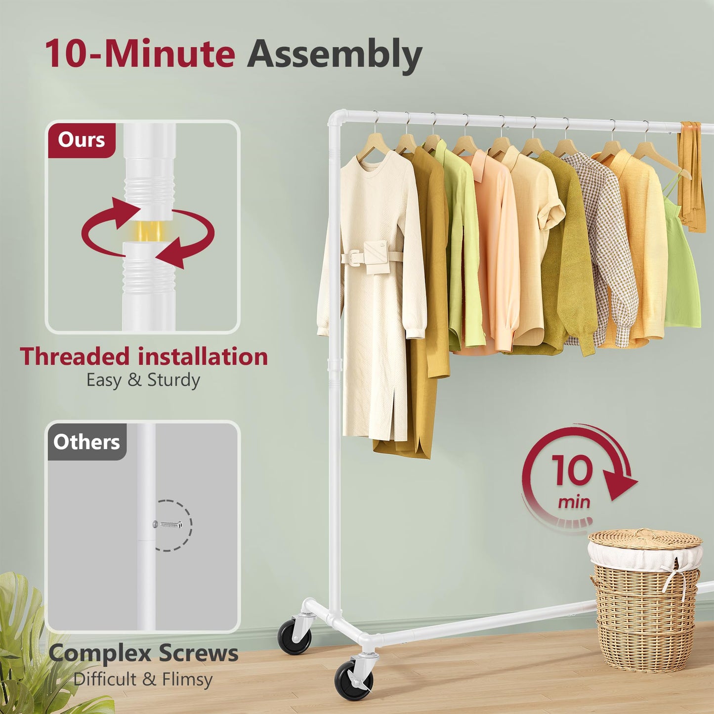 Tajsoon White Z Racks for Clothing Heavy Duty 250LB, Z Rolling Garment Rack