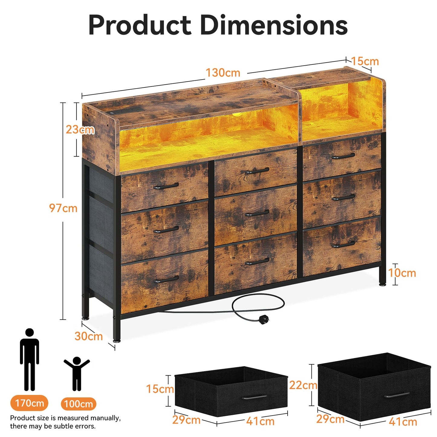 ODK Chest of Drawers Bedroom, 9 Fabric Drawers, Vintage, 130 x 30 x 97cm