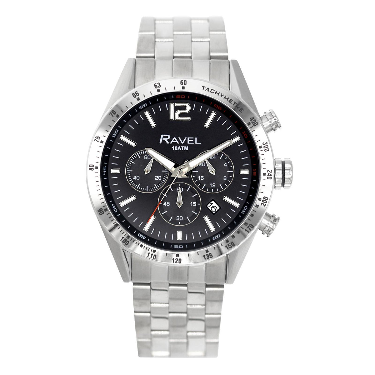Ravel Mens Fashion 100m Water Resistant Chronograph Dated Dial Silver Plated Bracelet Watch RPR-MB