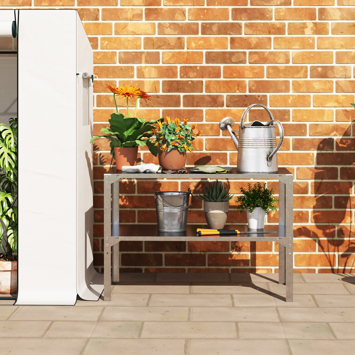 Outsunny 2 Tier Potting Bench Table, Galvanised Work Bench, Silver Tone