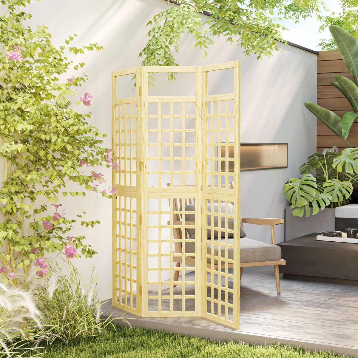 Outsunny 3-Panel Wooden Garden Privacy Screen, Natural Wood Finish