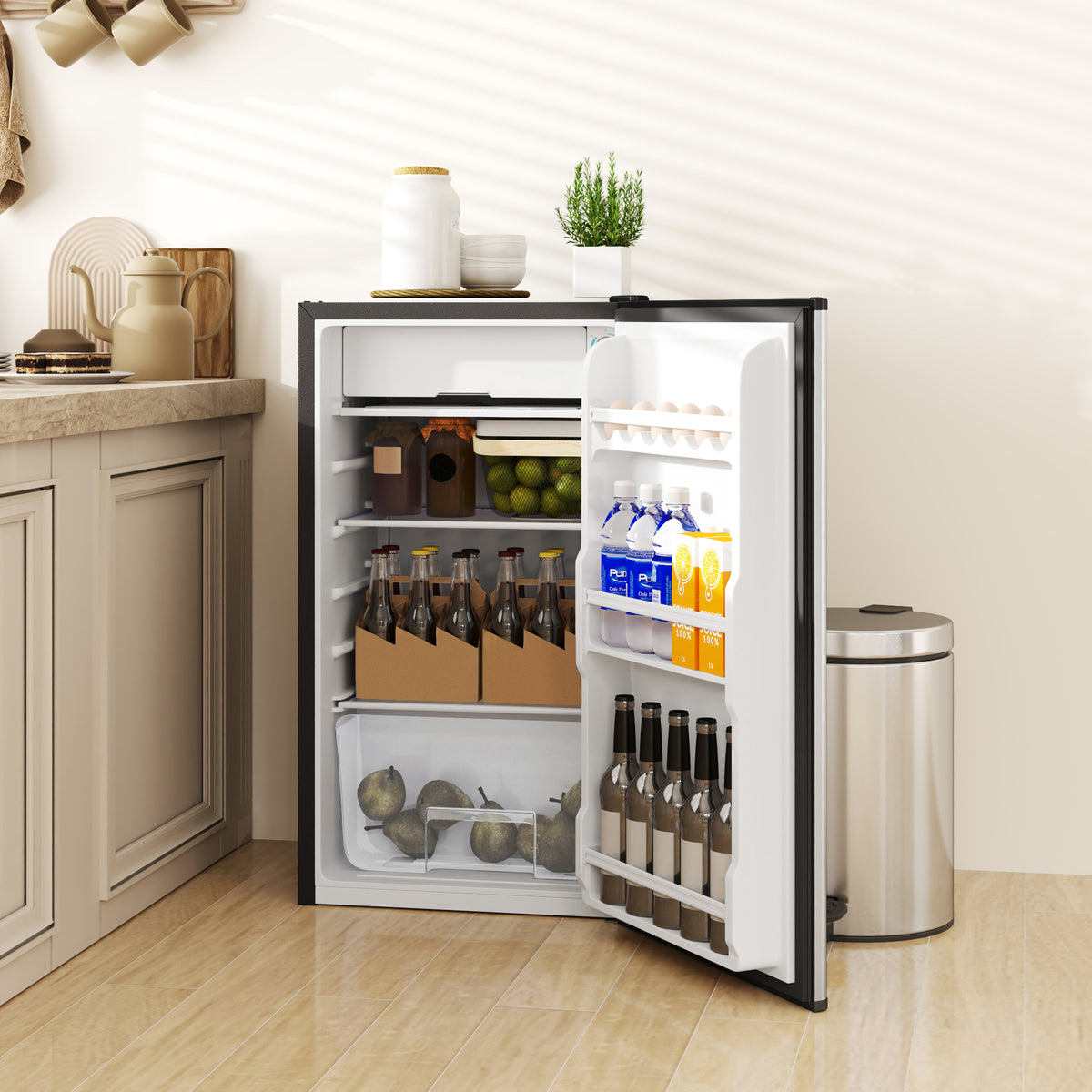 HOMCOM Under Counter Fridge, 91L Small Fridge with Chiller Box, Removable Shelf, Reversible Door, Adjustable Legs, Mini Refrigerator, Silver Tone