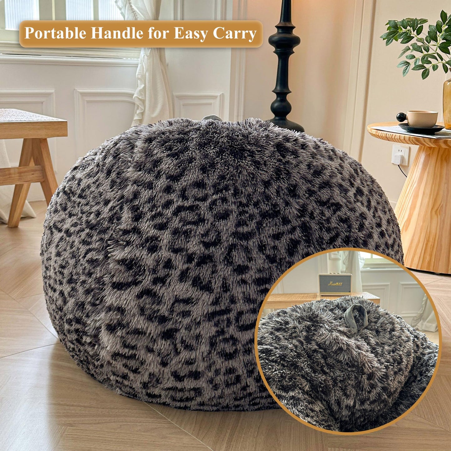 XeGe Faux Fur Leopard Print Bean Bag Chair Cover(No Filler), Cheetah Grey