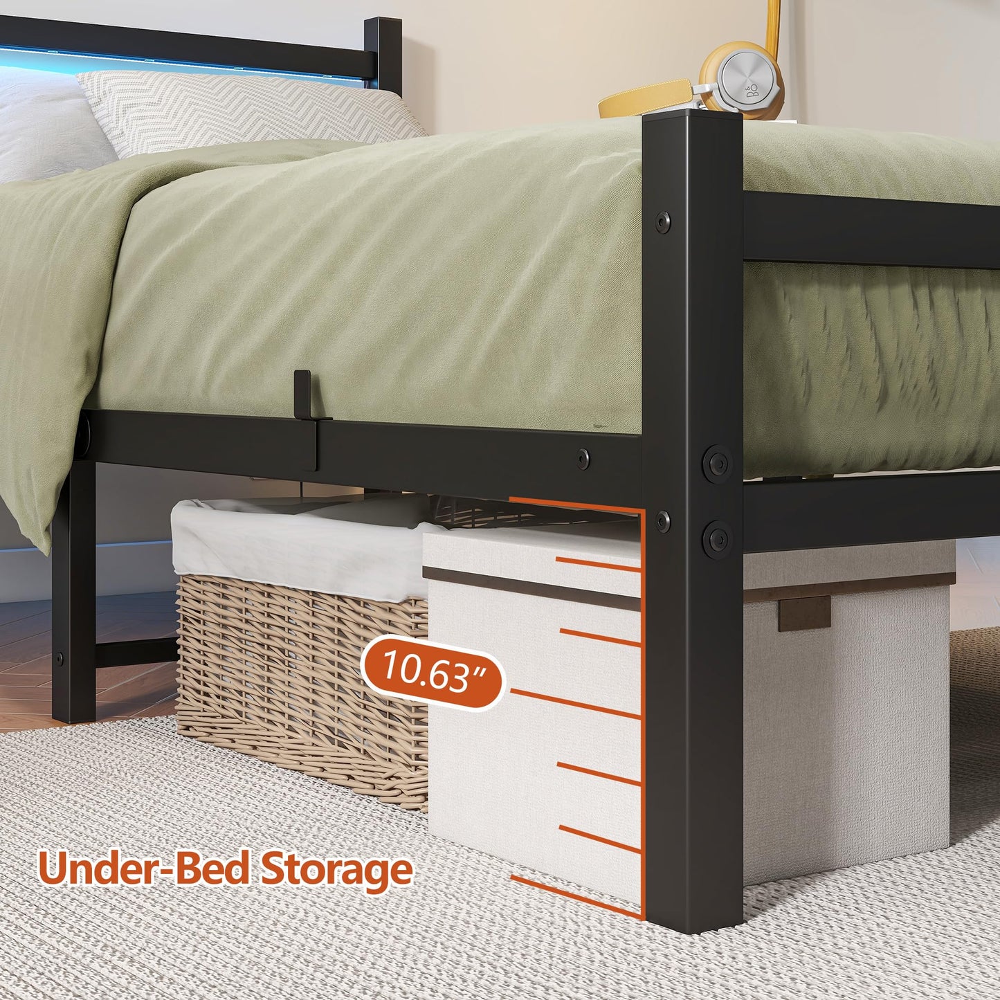BORPHOM 3ft Single Bed Frame with Headboard & LED Lights,Heavy Duty Metal Platform Bed Frame with Charging Station,Mattress Base/Strong Steel Slats