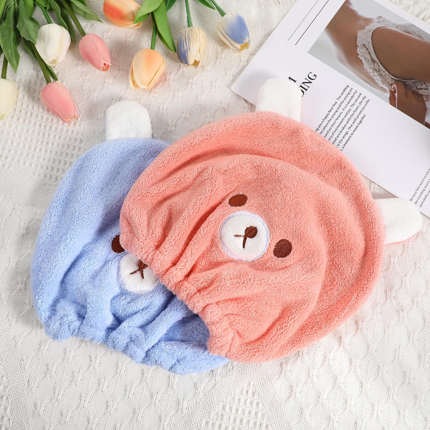 Gjinxi 2 Packs Hair Towel Wrap for Kid, Soft Hair Wrap Towels, Rapid Drying Towel Cute Bear Hair Turban Towel Absorbent Hair Drying Towel Wrap for