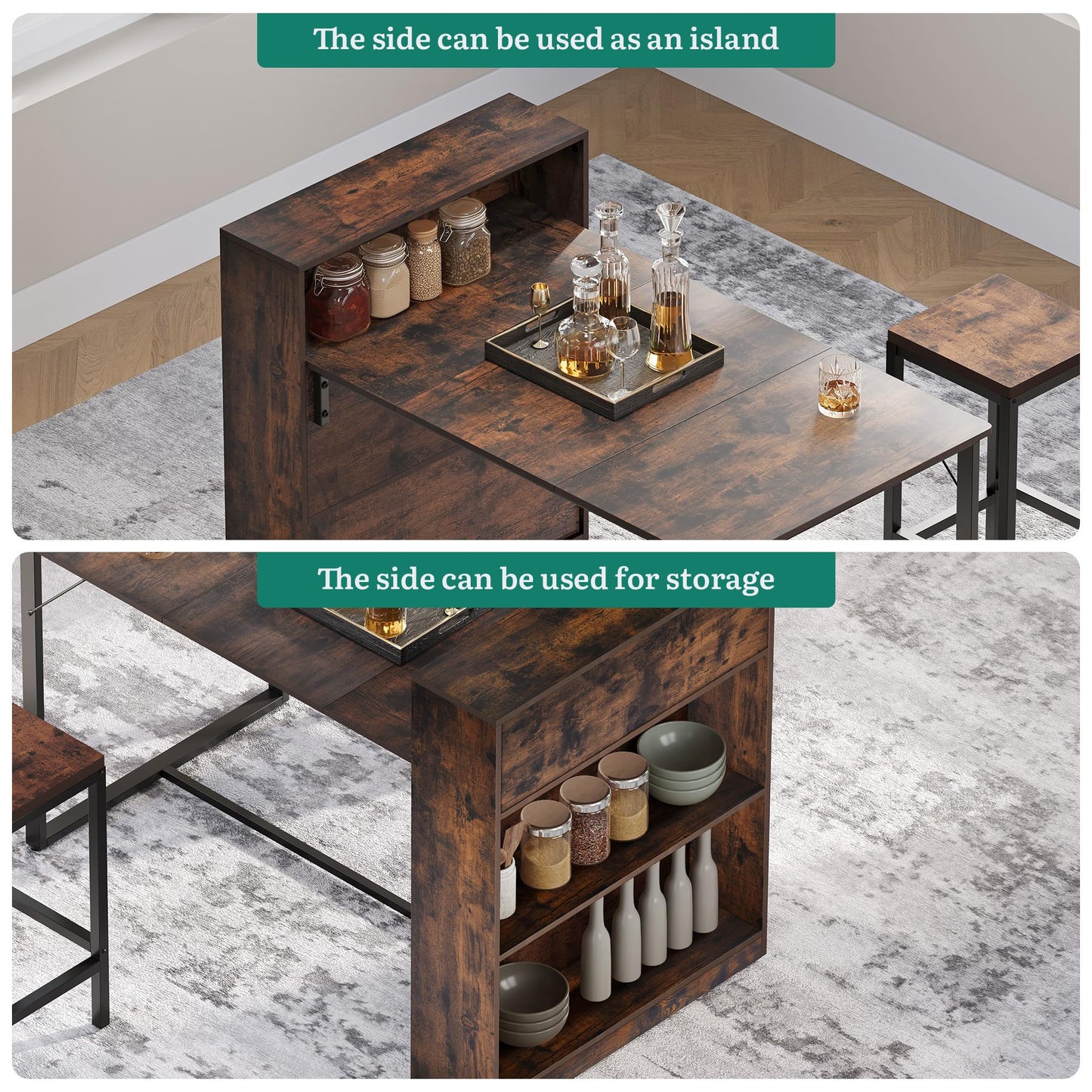 YITAHOME Dining Table with Storage Shelves, Rustic Brown and Black