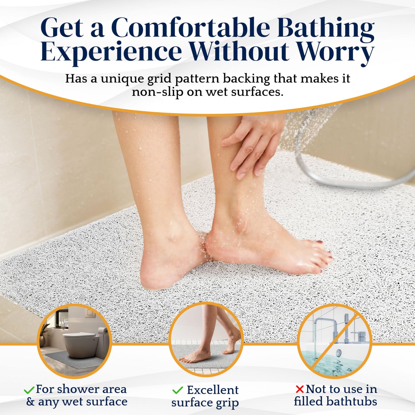 Dikots Soft Shower Bath Mat - Non Slip, Anti Mould 60 x 40 cm - Grey Loofah Style PVC Mat for Inside Shower - Washable, Quick Drying