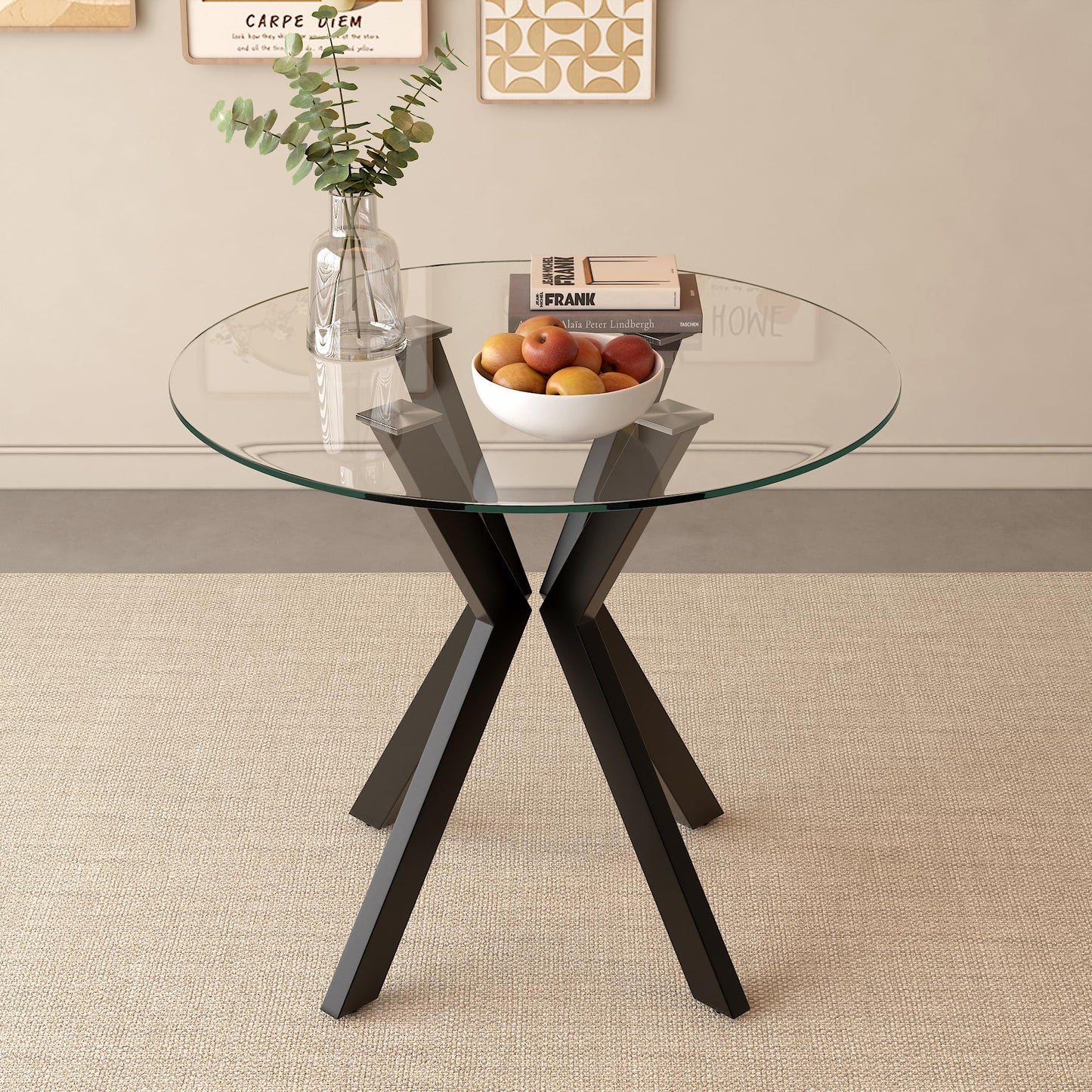 GOLDFAN Round Tempered Glass Dining Table Modern Kitchen Tables with Black Metal Legs 80cm Circle Table for Dining Room Office Lounge