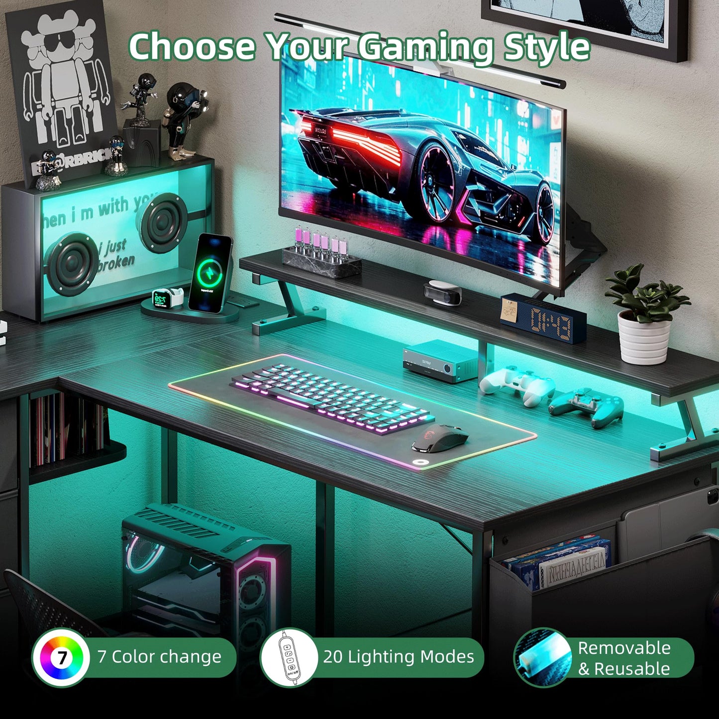 VERMESS Corner Desk with 4 Drawers, L Shaped Computer Desk with LED Lights & Power Outlets