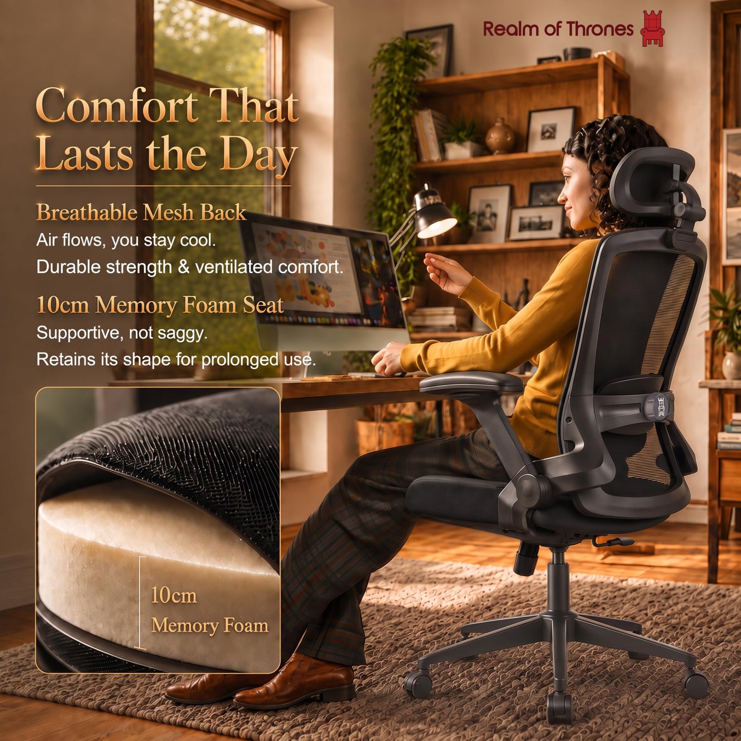 Realm of Thrones Ergonomic Office Chair, 2D Flip-Up Armrests, Small Spaces