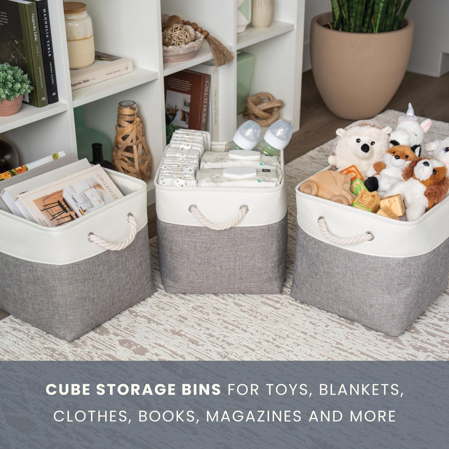 OrganiHaus Fabric Storage Boxes, Set of 4 Foldable 28x28 Cube Organiser Bins with Rope Handles for Shelves, Nursery & Closet