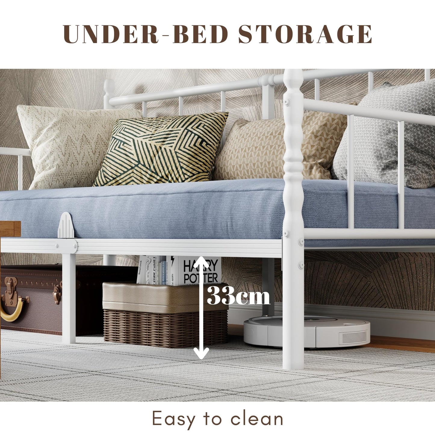 QFtime Single Metal Day Bed Frame - Day Bed Frame with Headboard and Steel Slat Support Underbed Storage Easy Assembly, Noise Free White
