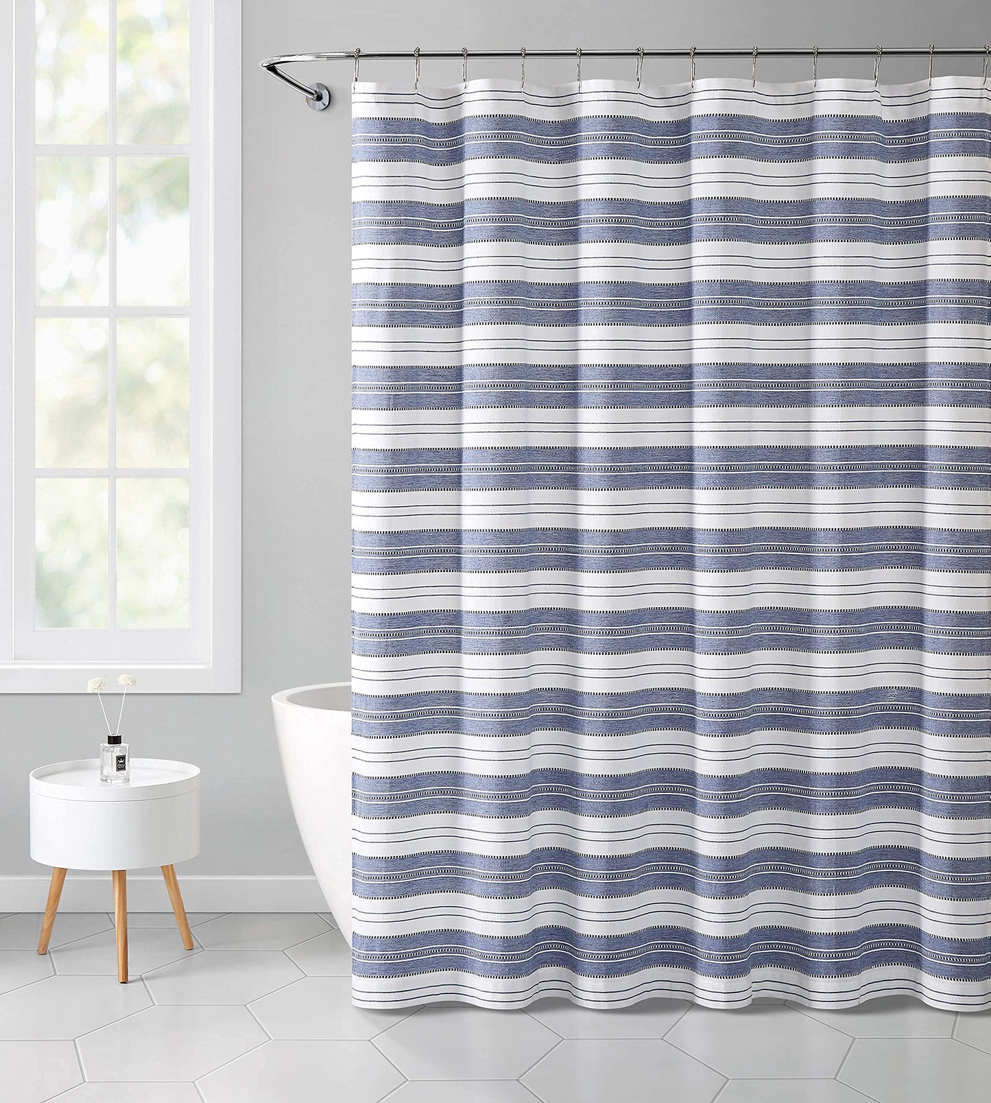 Serafina Home Nautical Chambray Blue and White Fabric Shower Curtain: Cotton Luxury Hotel Stripe with Detailed Eyelet Decorative Weave (Navy)
