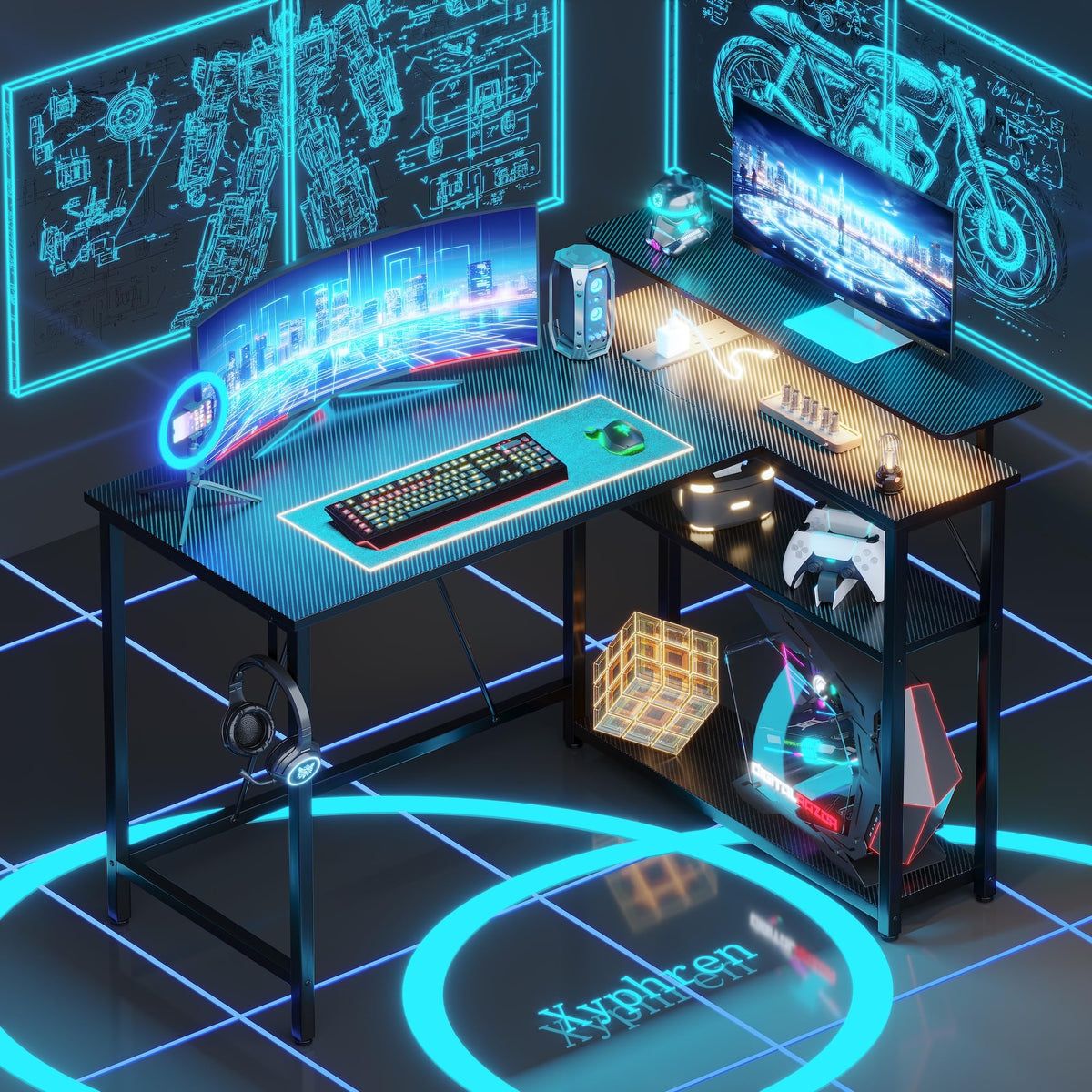 Xyphren L Shaped Gaming Desk with RGB LED Lights & Power Outlets,Corner Computer Desk with Adjustable Shelves