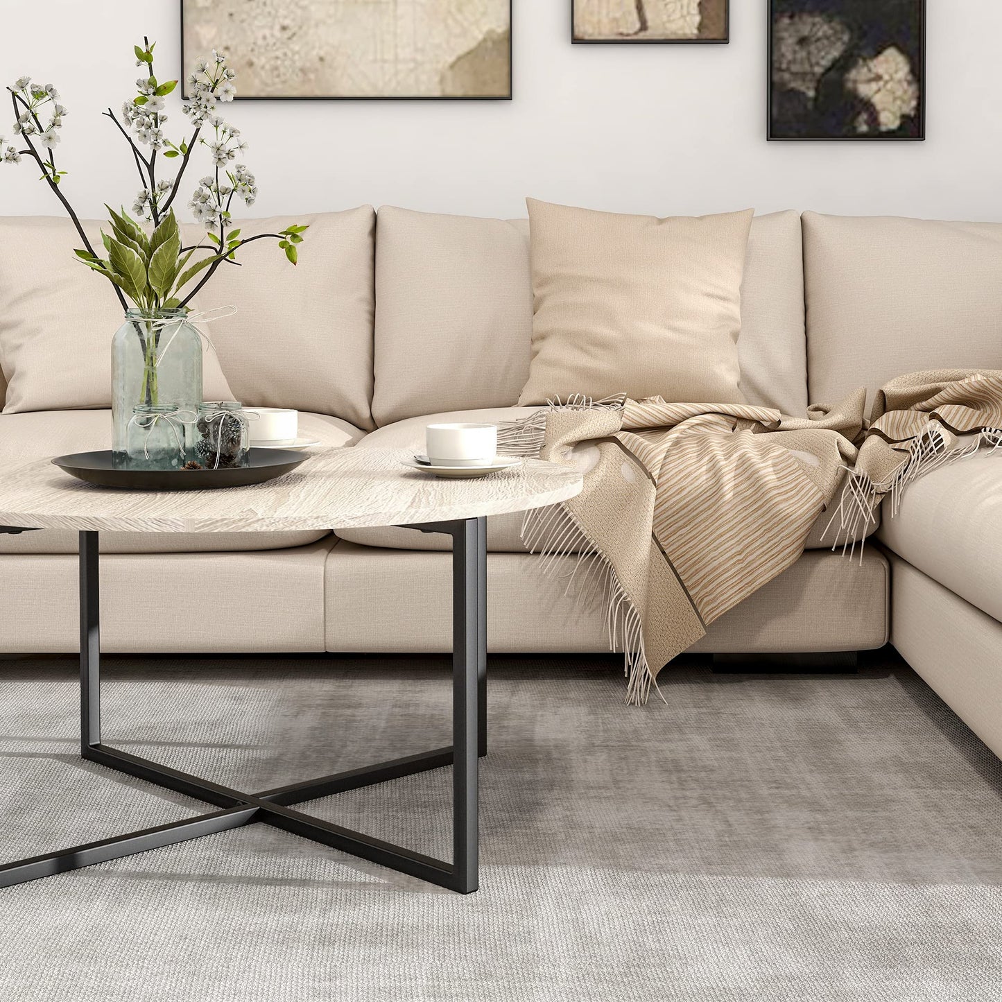 HOJINLINERO Round Coffee Table Tea Table End Table Sofa Table for Living Room,Industrial Style Cocktail Table,Durable Metal Frame with Wood Look