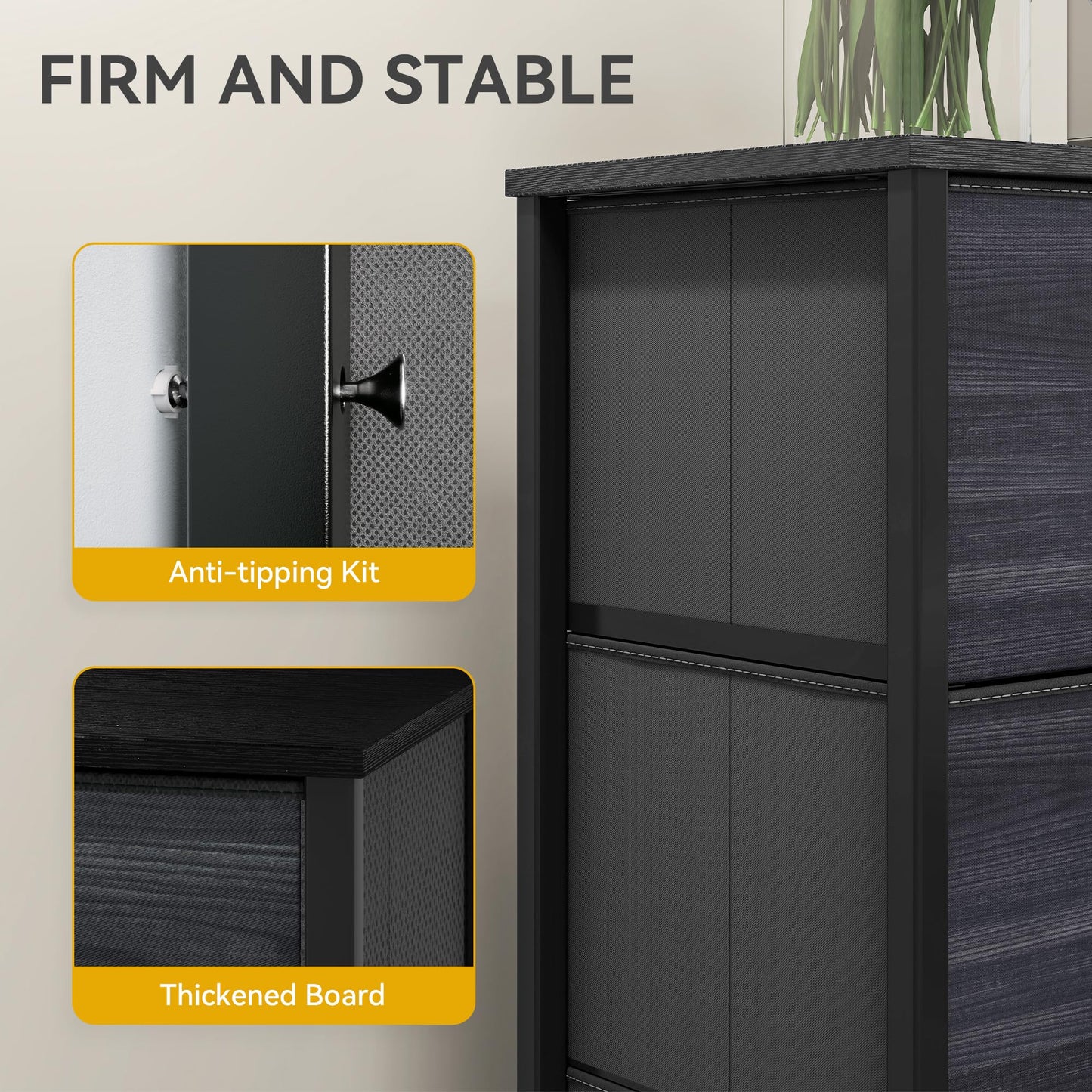 DWVO Chest of Drawers, 5 Fabric Drawers Bedroom Cabinet,Dresser for Bedroom,Living Room With Handles,Wood Top and Sturdy Steel Frame,Charcoal Black