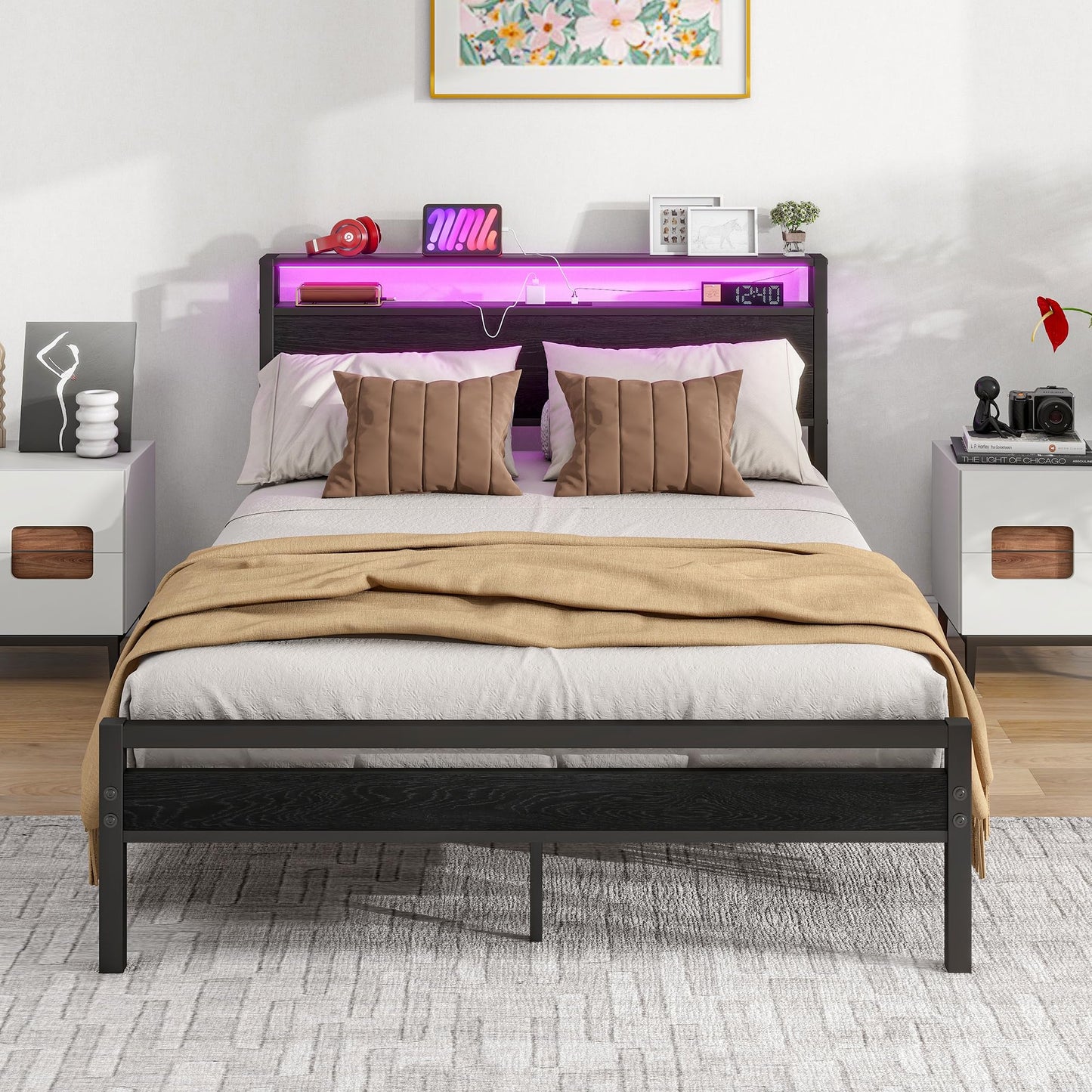 BORPHOM Double Bed Frame with Storage Wood Headboard Shelf,LED Lights,4ft6 Metal Platform Bed Frame Double Bed with Charging Station,Mattress
