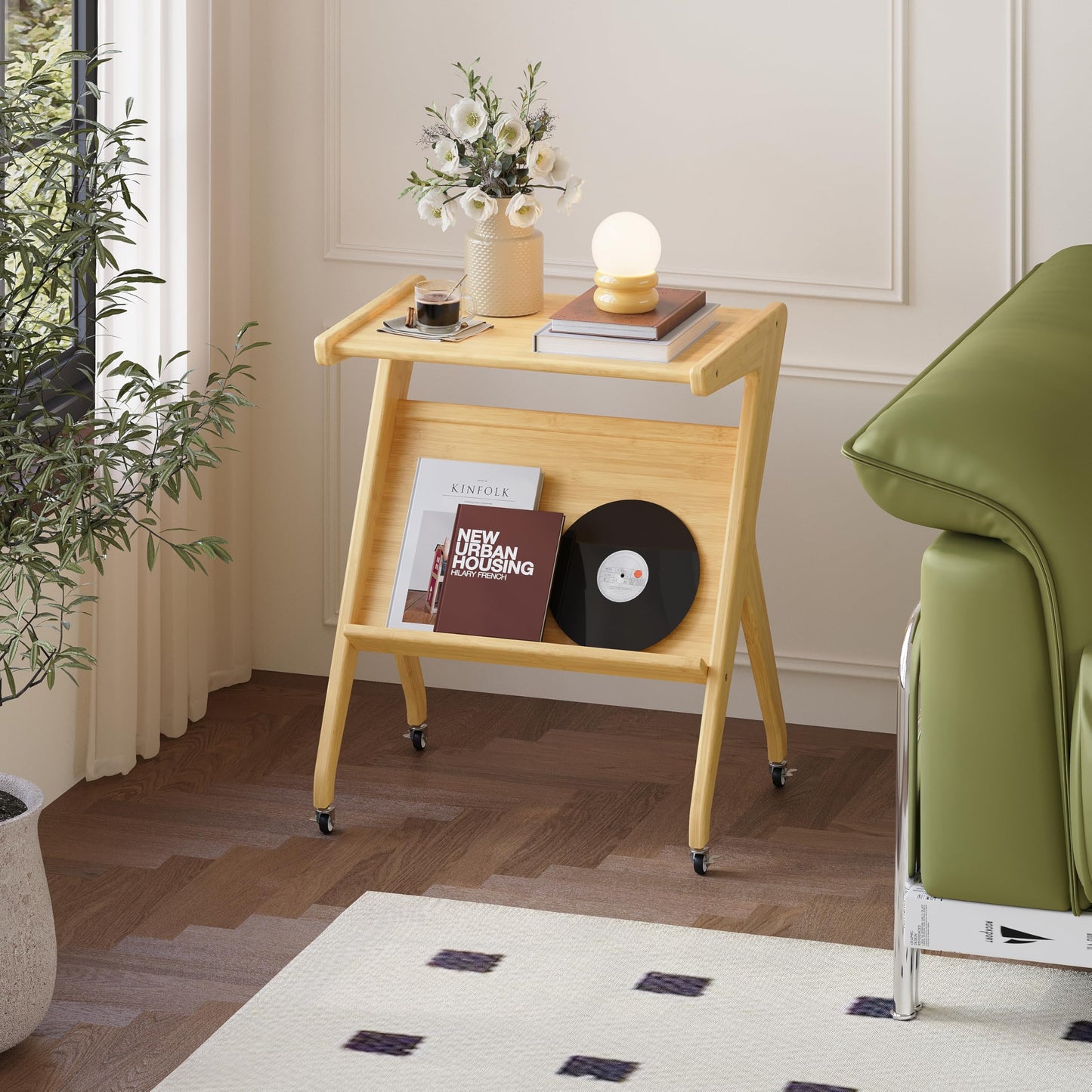 Hunlostten Bamboo Side Table with Casters Storage, Living Room Bedside Tables for Bedroom, Wood End Tables Home Office Sofa Table Nightstand